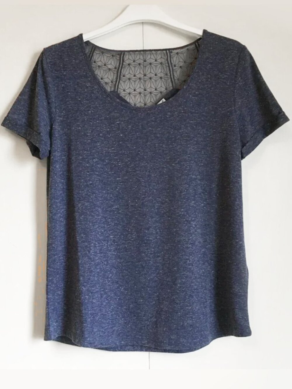 Kismet Blue Heathered Linen Blend Lace Back Tee - XS Mori Kei